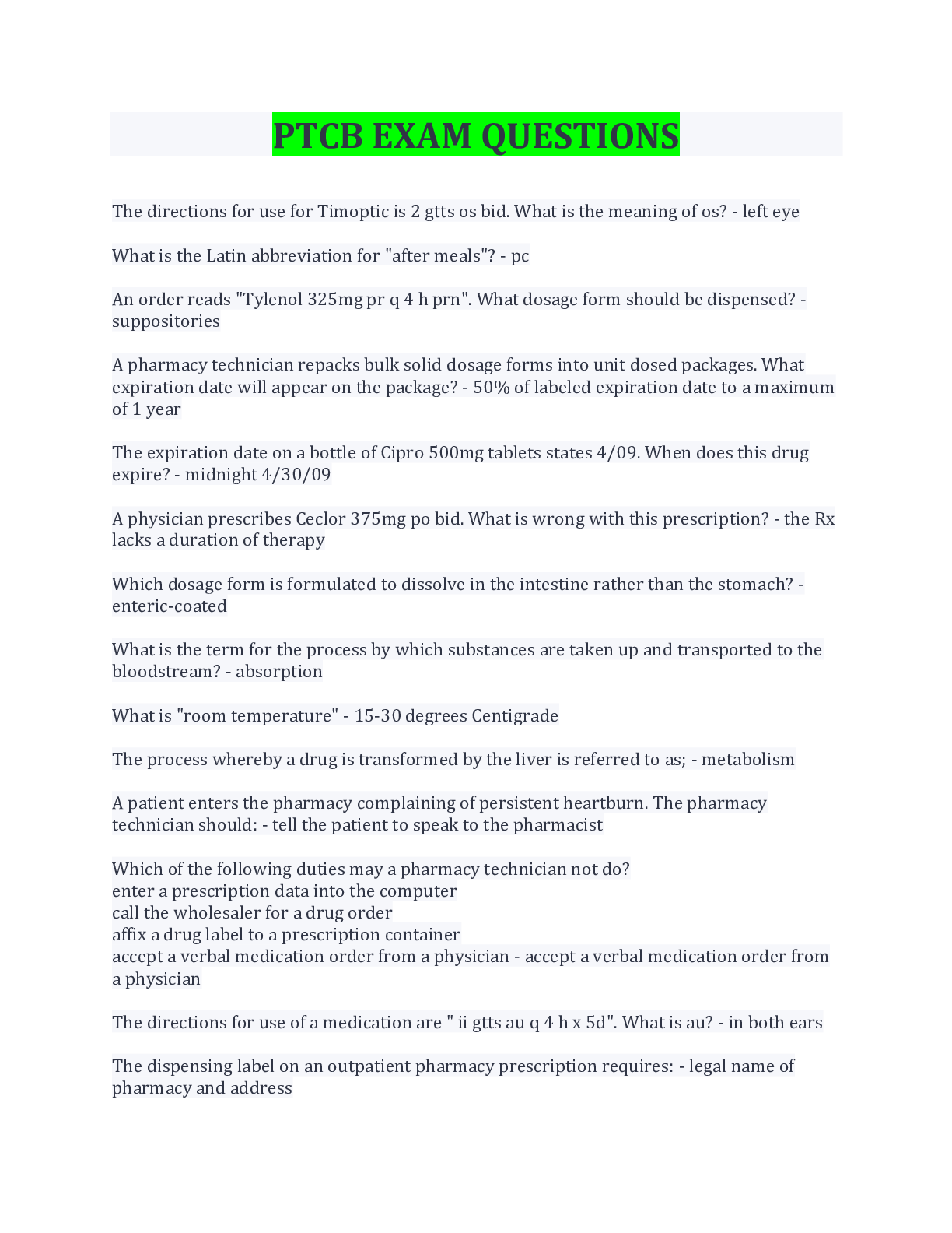 Preview image for PTCB EXAM QUESTIONS AND ANSWERS LATEST UPDATE 2022 WITH COMPLETE SOLUTION DOWNLOAD